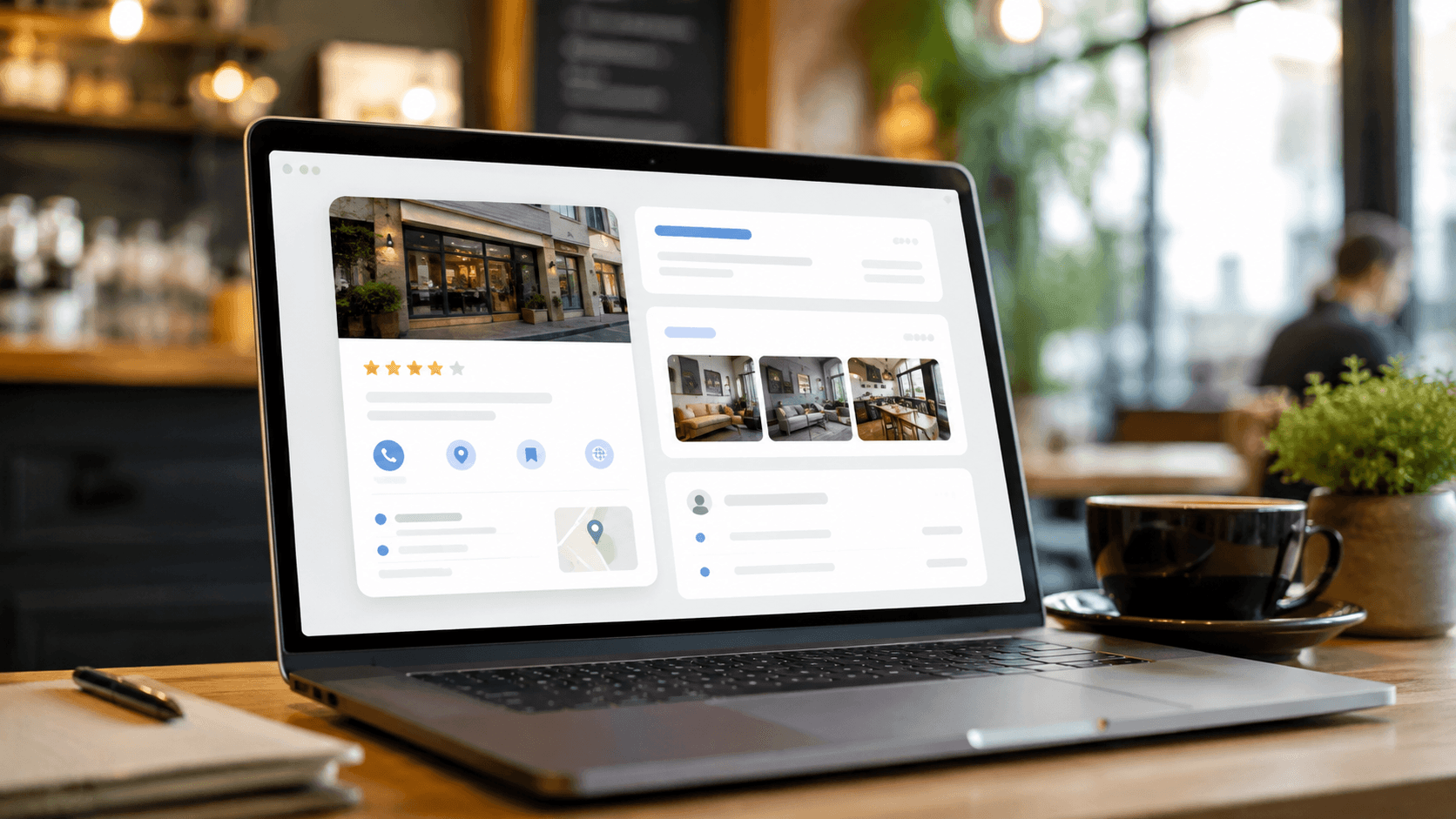 A Google Business Profile-style listing displayed on a laptop screen