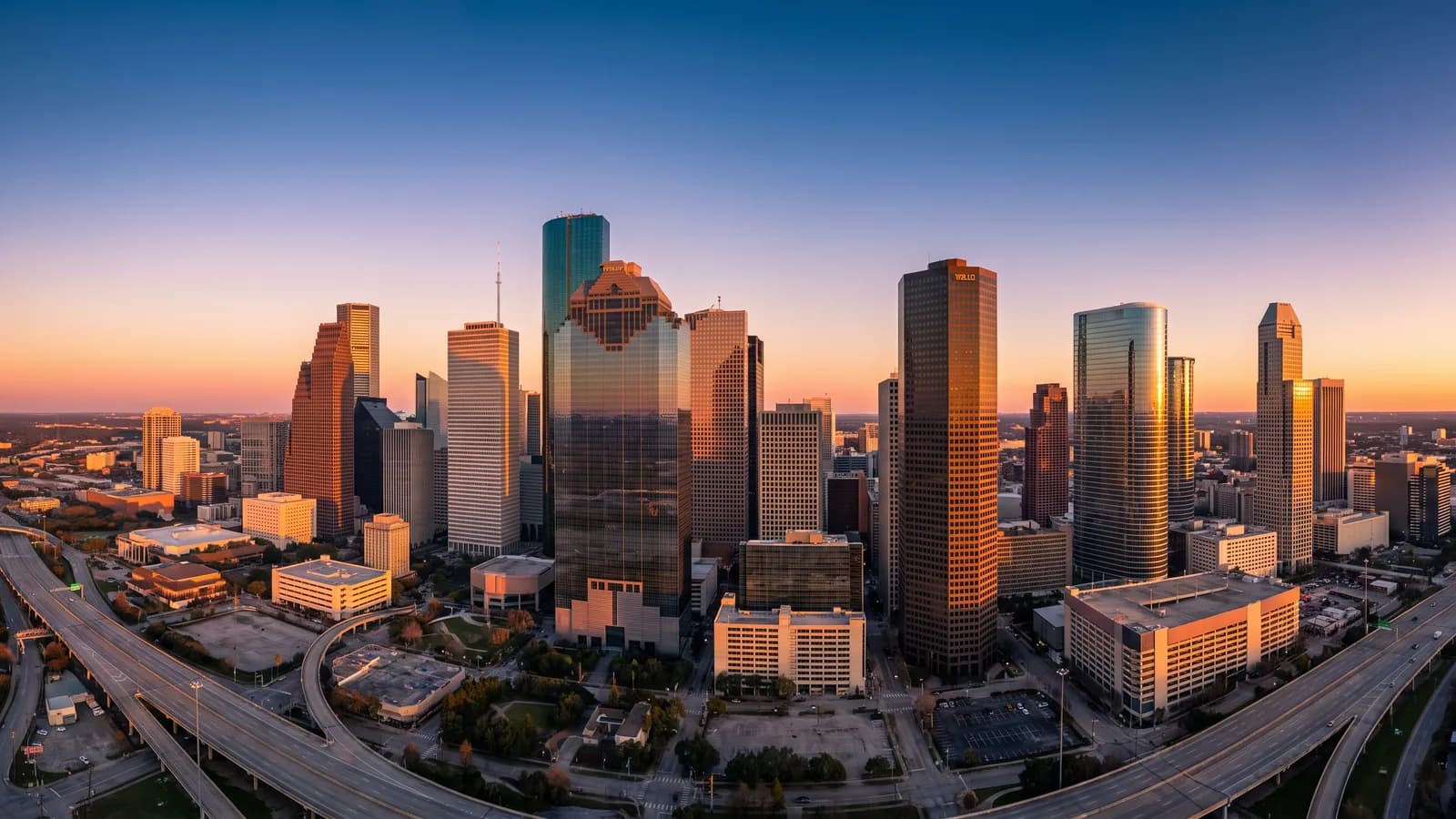 Downtown Houston, Texas skyline at golden hour