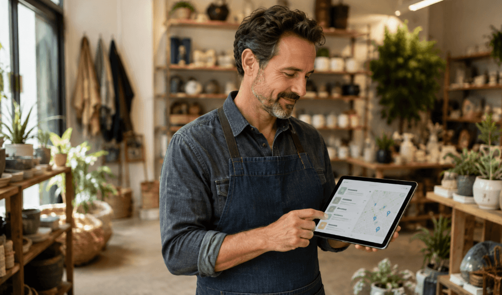 A small business owner checking local search results on a tablet in their storefront