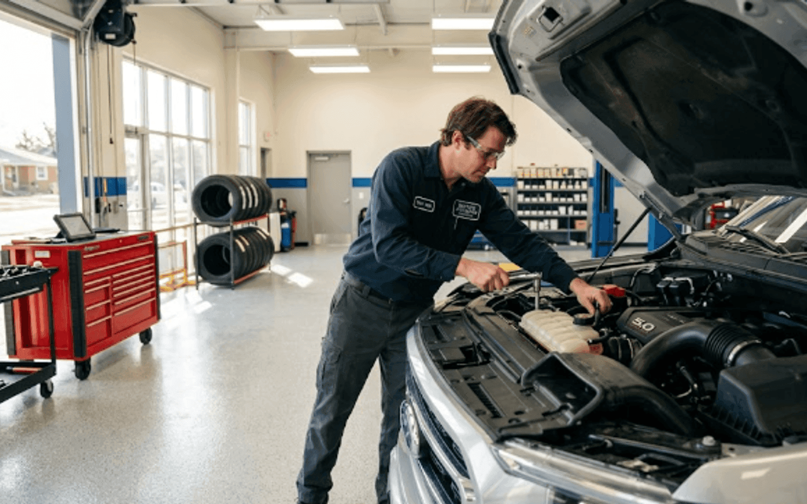 Auto repair technician working under the hood of a car in a US repair shop
