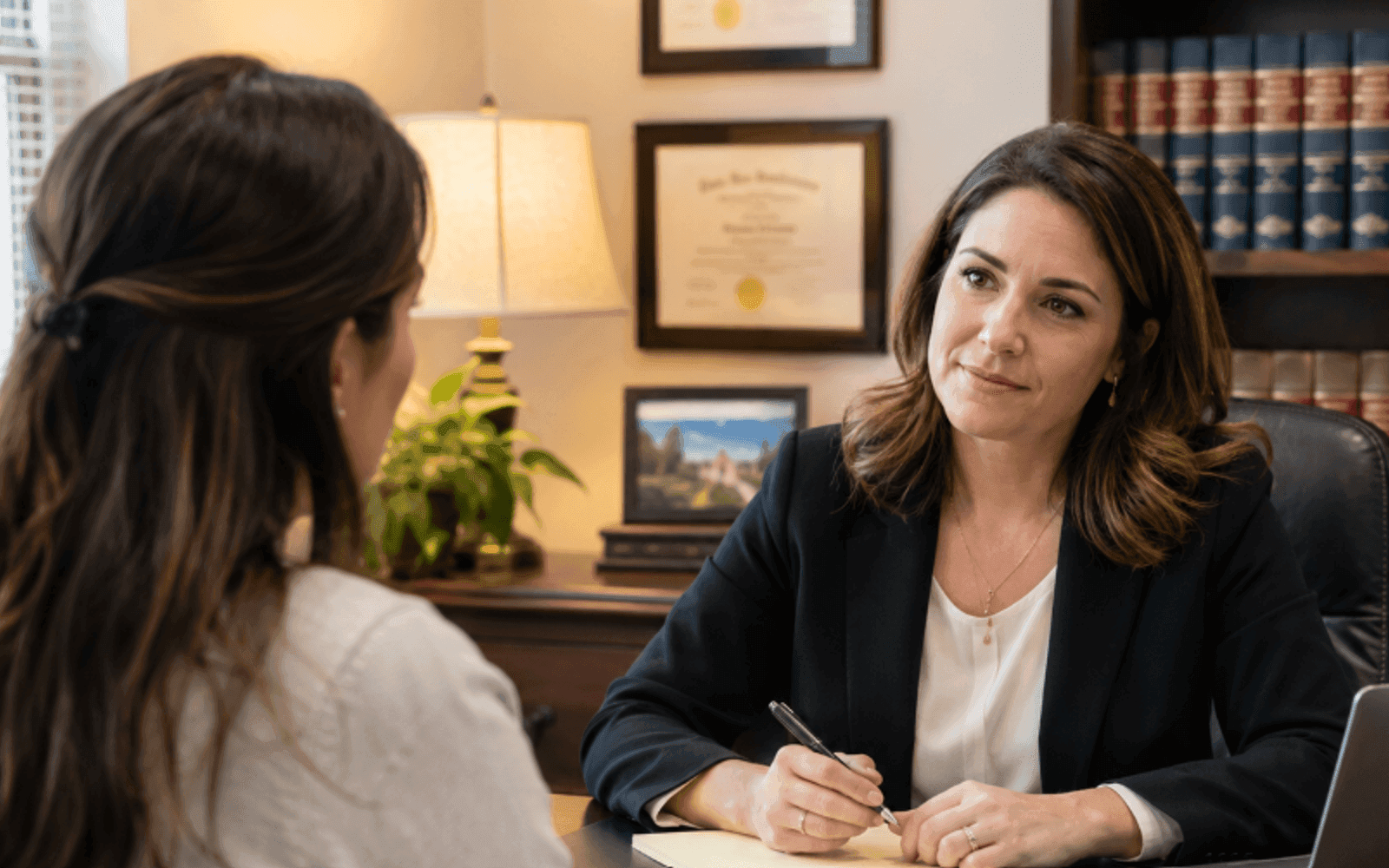 Family law attorney in a calm consultation with a client in a US law office