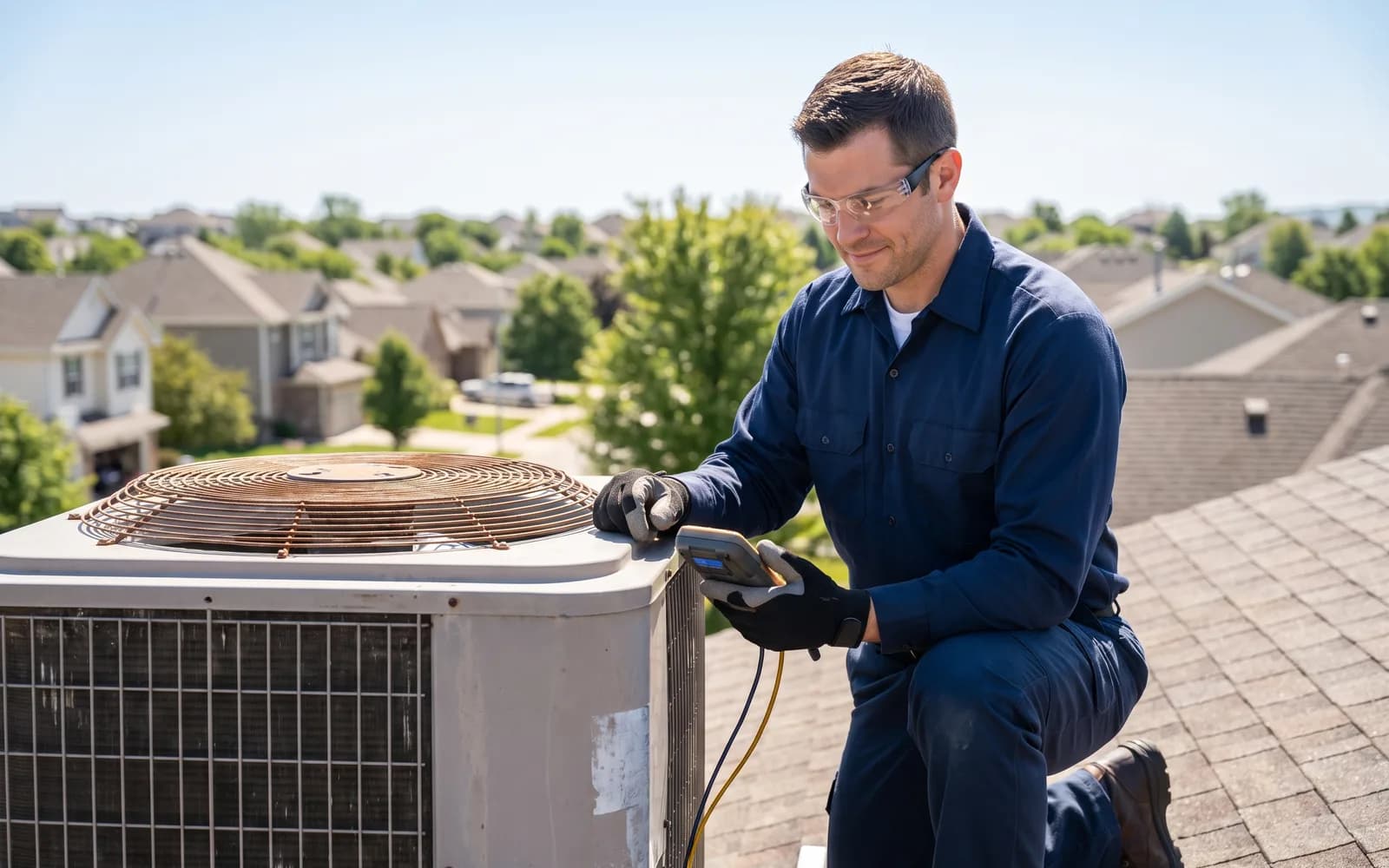 US home services technician inspecting a rooftop HVAC unit on a suburban house