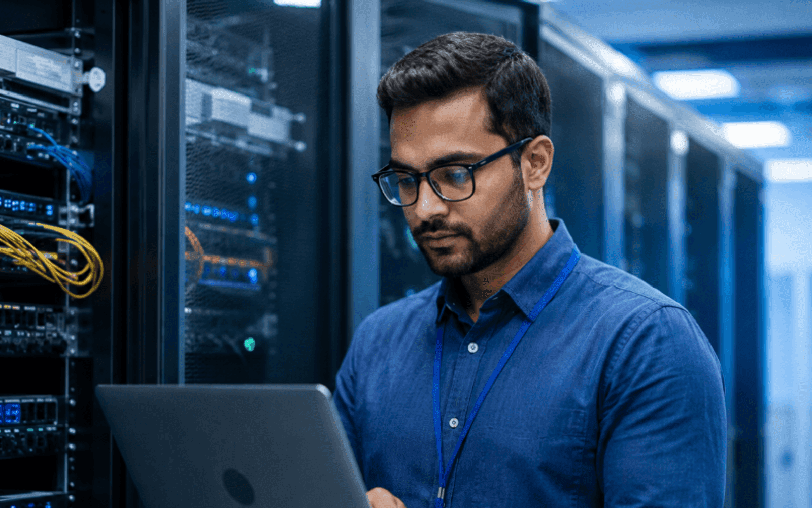 IT professional working in a clean, modern server room