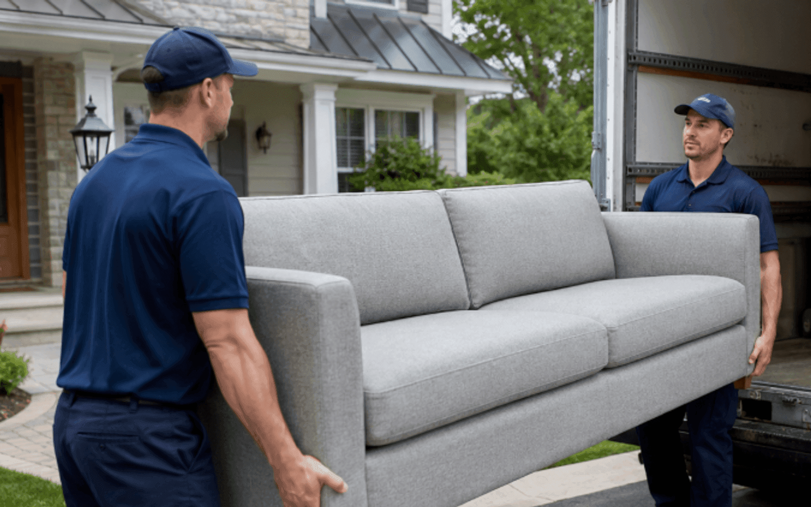 Professional movers carrying a sofa into a moving truck outside a US home