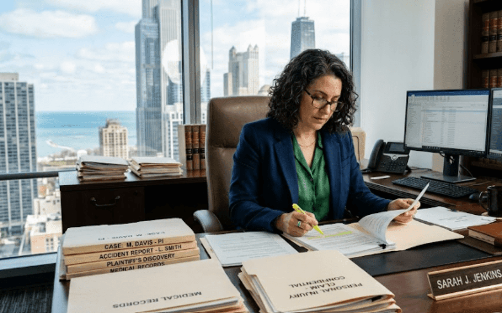 Personal injury attorney reviewing case files in a US law office